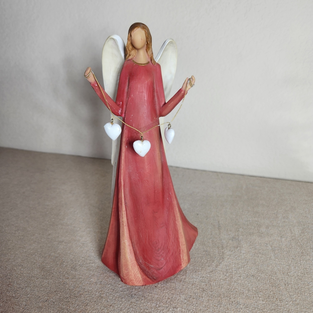 Red Resin Angel Sculpture With Hearts 11.75"